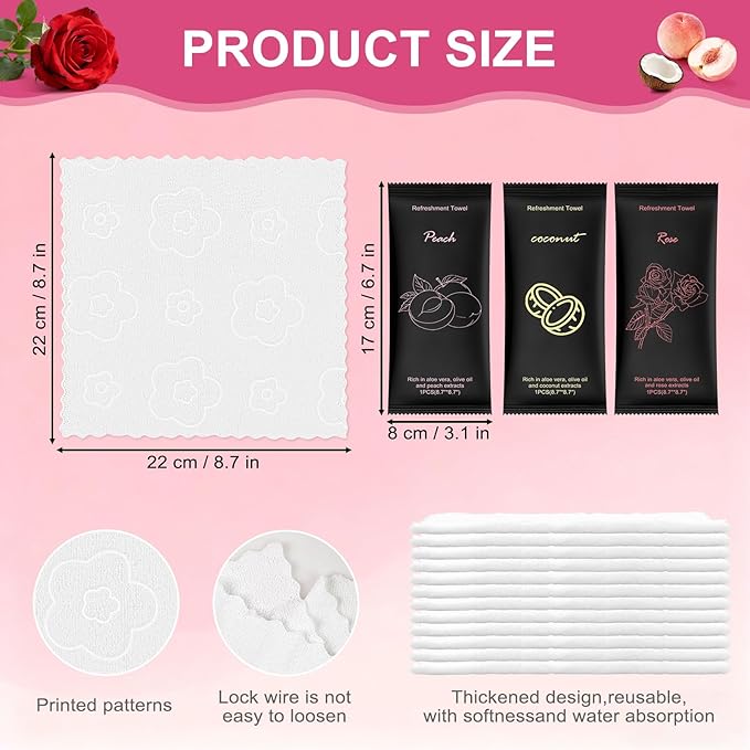 Moist Cotton Towel Bulk Moist Towelettes Individually Wrapped 8.7" x 8.7",White Towel Services,Refreshment Pre Moistened Towels Peach,Rose and Coconut for Sport Party Spa(Pack of 60)