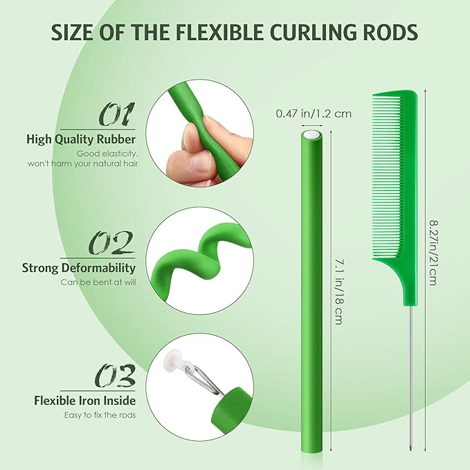 WILLBOND 60 Pieces Flexible Curling Rods Hair Curlers Rollers Twist Flexi No Heat Rods Rollers for Long Short Hair Women(0.5 x 7 Inch,Green)