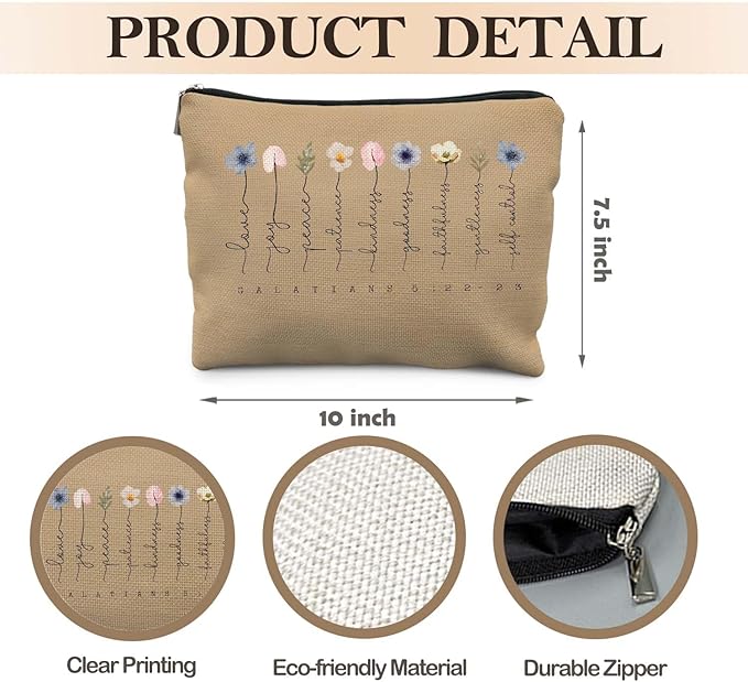 Christian Gifts Makeup Bag, Floral Christian Cosmetic Bags for Women, Galatians 5:22-23 Bible Verse Makeup Pouch, Faith Based Gifts Zipper Pouch(pale brown)