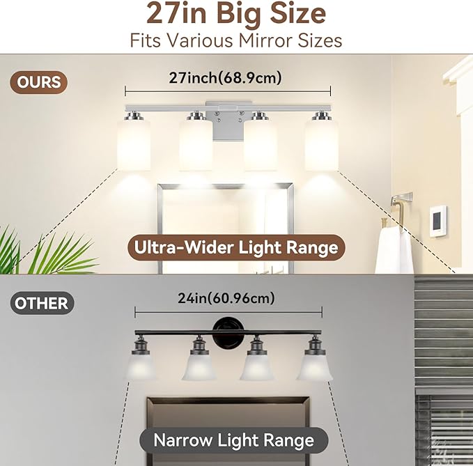 Brushed Nickel 4-Light Bathroom Light Fixtures, 27" Modern Vanity Lights Over Mirror with Milky White Frosted Glass Shade, Classic Wall Light Fixture for Mirror Living Room Cabinet Bedroom Porch