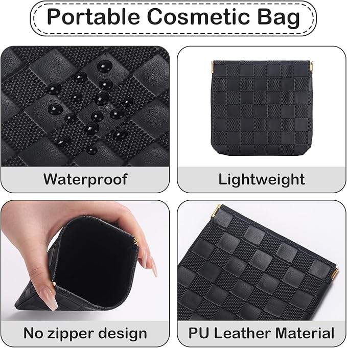 Sightor 2PCS Small Makeup Bag for Purse, Mini Cosmetic Bag Waterproof Pouch for Women, Checkered Purse Self-closing Small Travel Kit Coin Lipstick Cosmetic Storage Bag (Black, Beige)