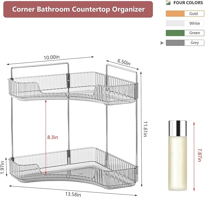 Corner Bathroom Counter Organizer Bathroom Countertop Shelf Makeup Organizer for Vanity Perfume Tray for Corner Storage (2 Tiers, Grey)