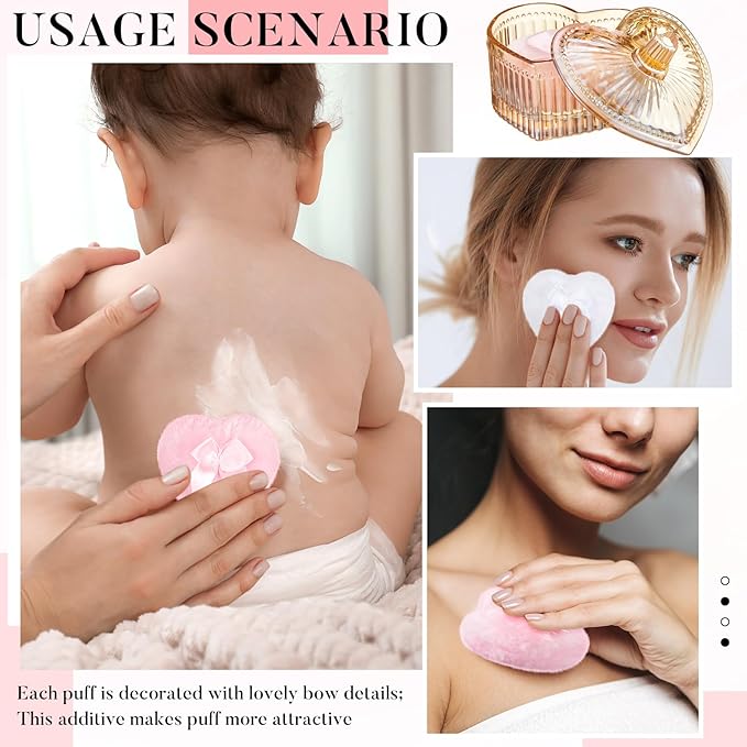 Tioncy 3 Pcs Large Body Powder Puff and Container Valentine's Day gift Powder Container with Puff Crystal Case Soft Washable Reusable Velour Face Body Glitter Wet Dry Makeup(Hammered Heart,Amber)