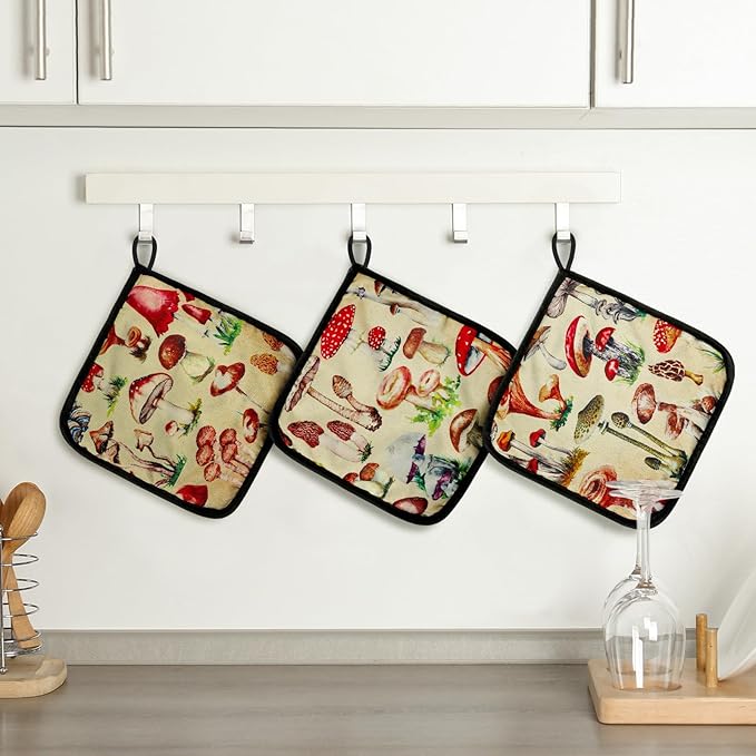 Bencailor 12 Pcs Pot Holders with Pocket Kitchen Hot Potholders Hot Pad Oven Mitts Cookie Bag Oven Gloves for Kitchen Gift Baking Cooking(Black,Mushroom)