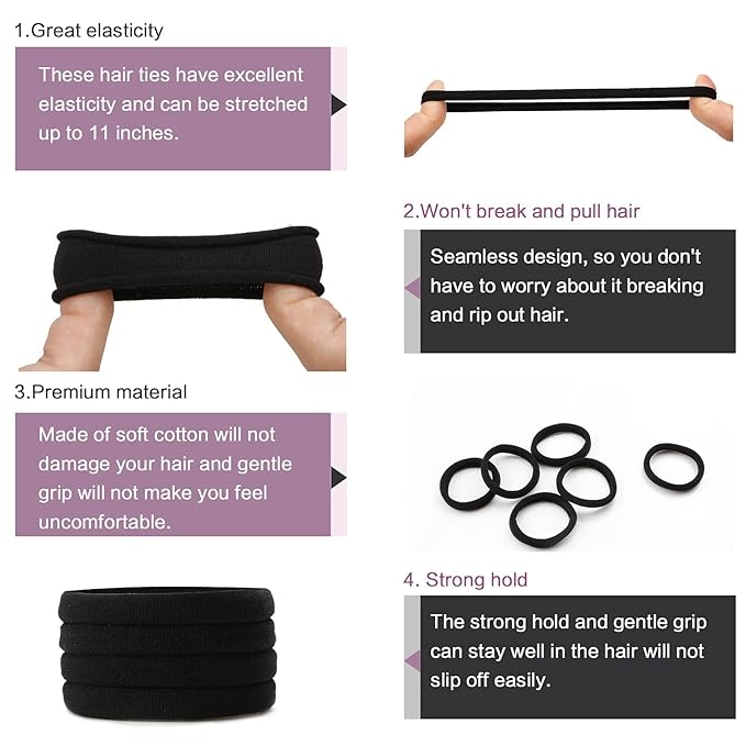 100PCS Black Hair Ties for Women, Seamless Cotton Hair Bands, No Crease No Damage Hair Tie for Thick Thin Hair, Soft Ponytail Holders, Hair Accessories for Girls
