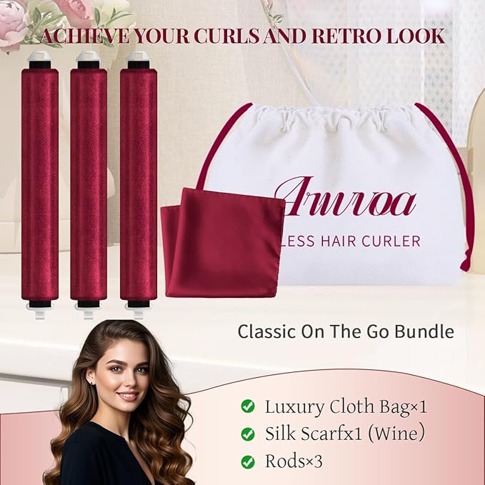 Heatless Hair Curler Heatless Curls Overnight Heatless Blowout with Luxury Cloth Bag Silk Scarf, Curling Rod Headband to Sleep in No Heat Curling with (burgundy, 3Rods)