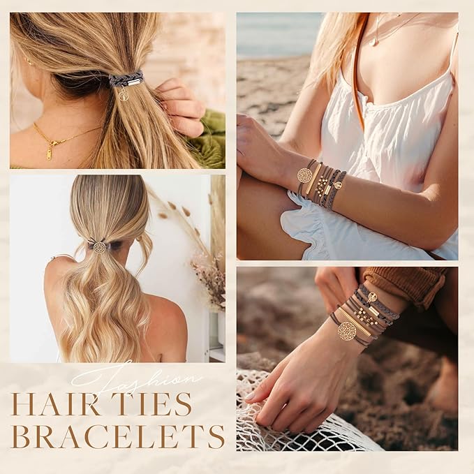 10 PCS Boho Hair Ties - No-Damage, 5 Styles for Thick & Thin Hair, Cute Stretch Bracelets, Braided Ponytail Holders, Grey