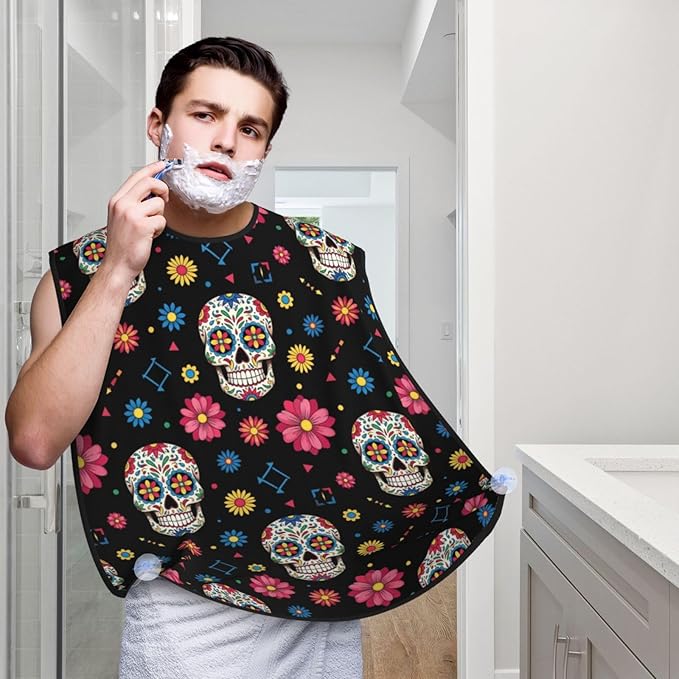 Ultimate Shaving Bib, Beard Trimming Apron with Hair Catcher, Mexican Day of Dead Flower Traditional Sugar Skull