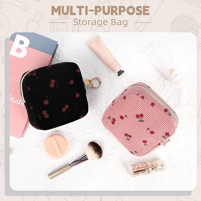 Period Bag for Teen Girls, Corduroy Cherrys Sanitary Napkin Storage Bag, Cute Menstrual Pad Pouch Tampon Holder for Purse (Cherry-Black)