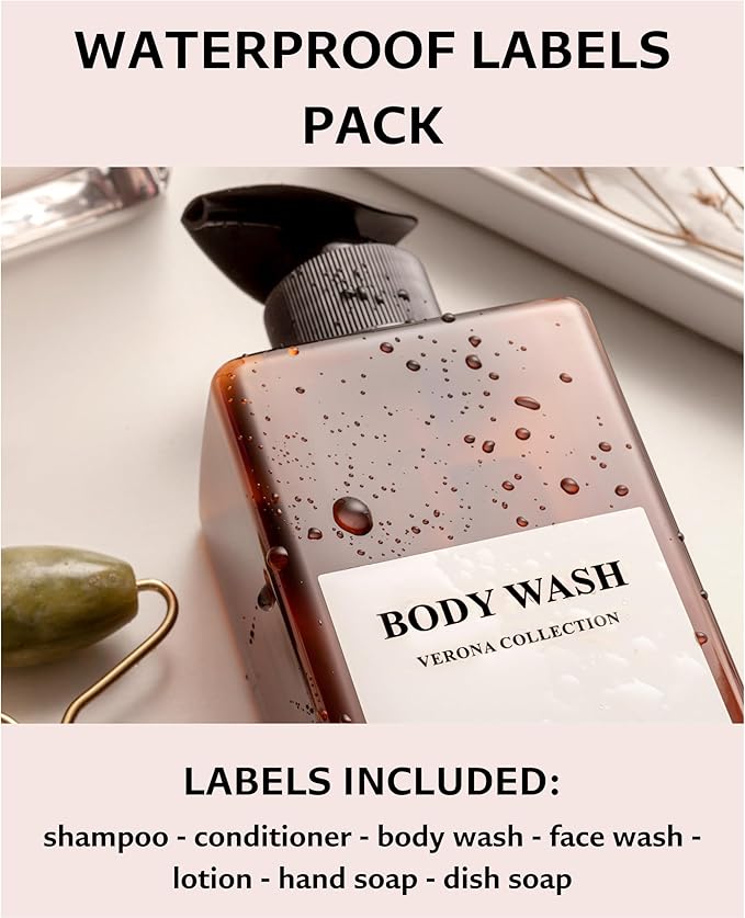 Shampoo and Conditioner Dispenser | 3 Plastic Amber | Shampoo Dispenser with Waterproof Labels | Shower Bottles Refillable with Pump (Without Wall Mount)