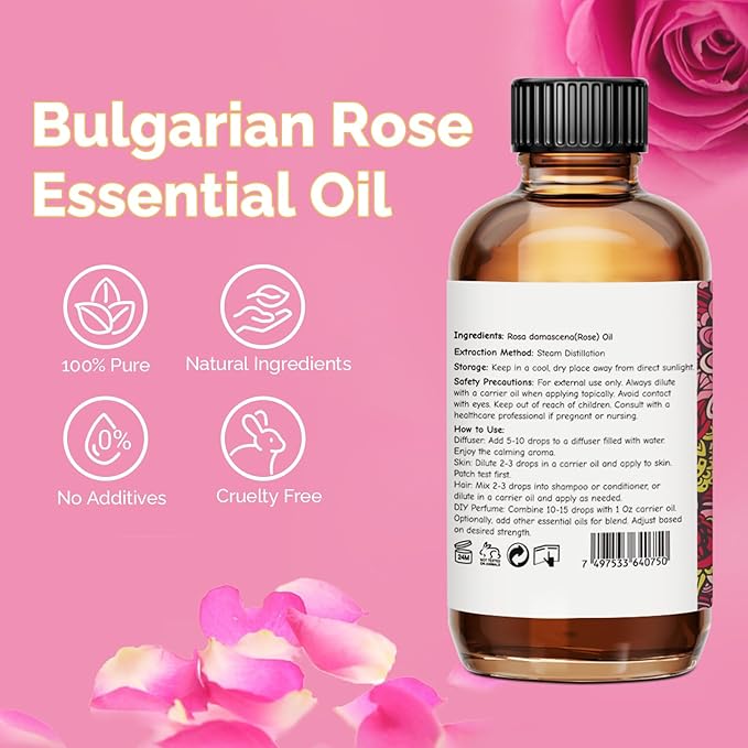 Rose Essential Oil for Face, Hair, Body, Skin, Aromatherapy, Essential Oils Diffuser, DIY Blends - 2 Oz