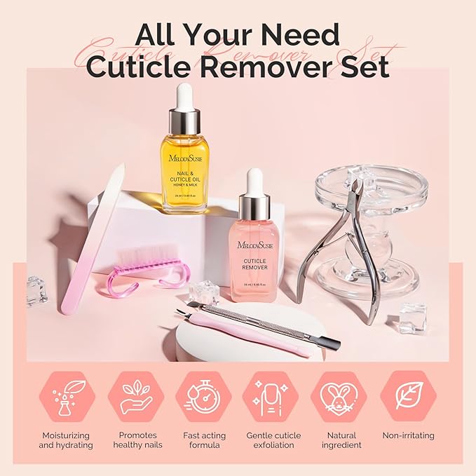 MelodySusie Cuticle Remover Kit,25ML Cuticle Remover Cream and Cuticle Oil,Cuticle Nipper Trimmer Pusher, Nail File and Brush for Cuticle Softener & Moisturize Manicure Kit for Nail Care