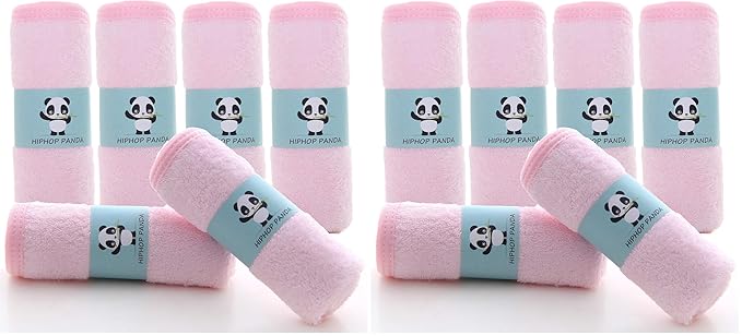 HIPHOP PANDA Baby Washcloths, Rayon Made from Bamboo - 2 Layer Ultra Soft Absorbent Newborn Bath Face Towel - Reusable Baby Wipes for Delicate Skin - Pink, 12 Pack