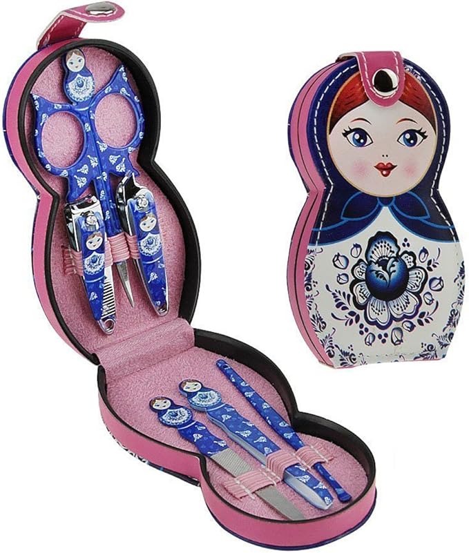 Aibearty Adorable Russian Doll Pattern Stainless Nail Clippers Set of 6Pcs, Professional Grooming Kit, Nail Tools with Luxurious Travel Case