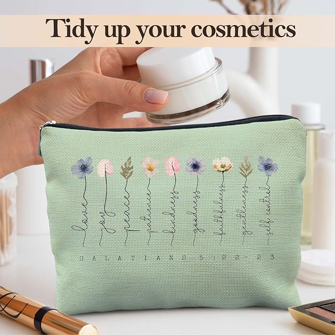 Christian Gifts Makeup Bag, Floral Christian Cosmetic Bags for Women, Galatians 5:22-23 Bible Verse Makeup Pouch, Faith Based Gifts Zipper Pouch(green)