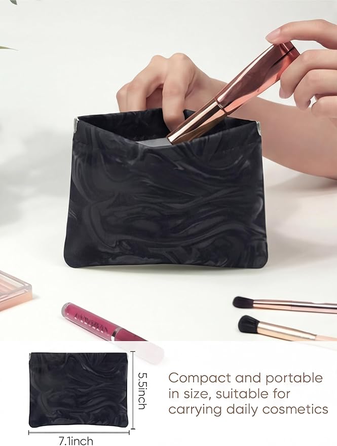 PU Leather Makeup Pouch Set for Women Small Make Up Bag for Purse Waterproof Initial Makeup Cosmetic Bags Pouches for Purse Aesthetic Travel Toiletry Bag,Elegant Wave Black