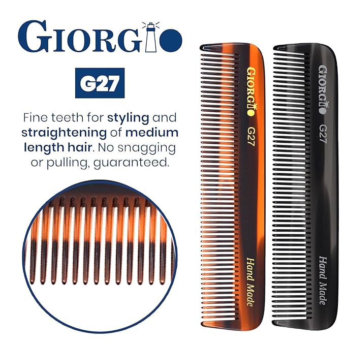 Giorgio G27T/G Handmade All Fine Tooth Pocket Comb, Hair Comb Straightener for Everyday Grooming Styling Hair, Mustache and Beard for Men Women and Kids, Saw Cut and Polished (Tortoiseshell)