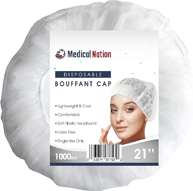 21" Disposable Bouffant Caps |CASE of 1000, White| Hairnets, Non-Woven, Non-Pleated Head Hair Covers |for Medical, Labs, Nurse, Tattoo, Food Service, Hospital, Cooking - Size 21" White