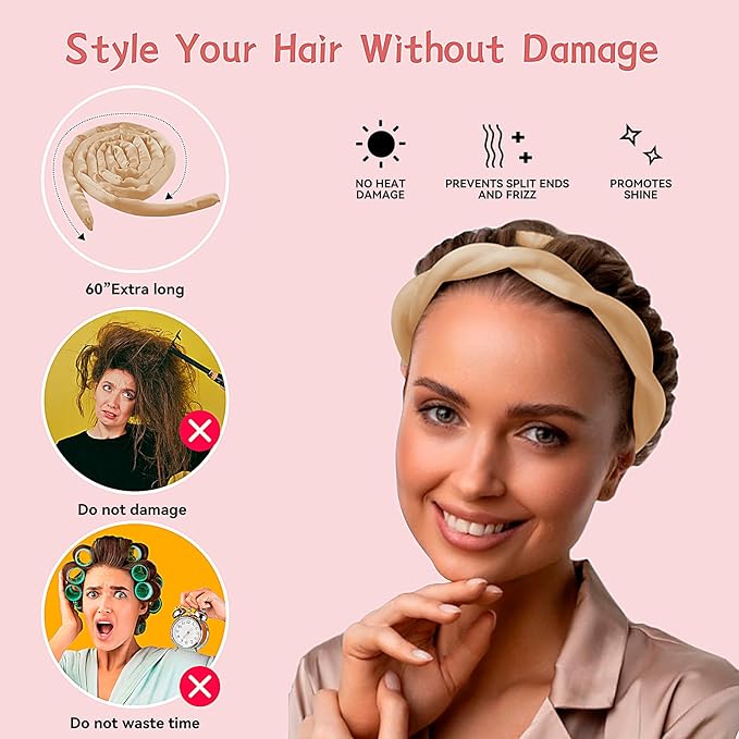 Small Heatless Curling Rod Headband, Upgraded 60" Extra Long Heatless Curls Headband Soft Hair Curlers to Sleep In Hair Rollers No Heat Curls (Golden)