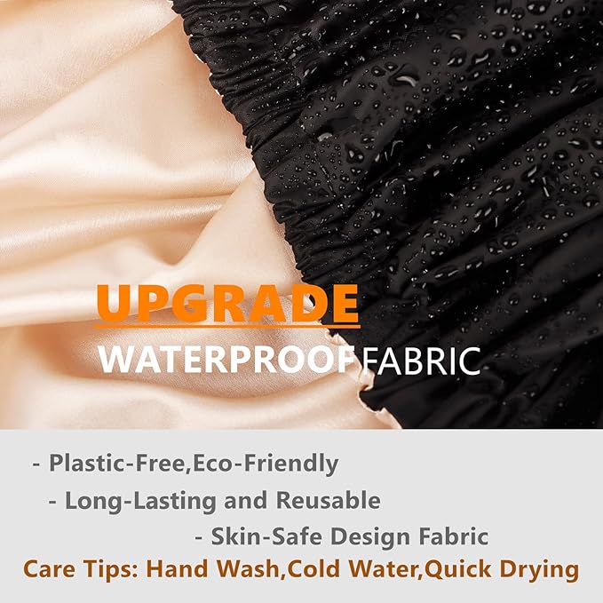 Adjustable Shower Caps for Women Reusable Waterproof Satin Lining Large Shower Cap for Women and Men Long Hair Braids Curly Hair (L,Black/Champagne)
