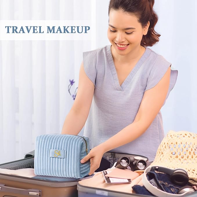 COSHAYSOO Travel Makeup Bag Quilted Make Up Pouch Initial Velvet Cosmetic Case with Butterfly Decorations for Women 20th 30th 40th 50th Best Birthday Appreciation Retirement Gifts Blue Letter Z