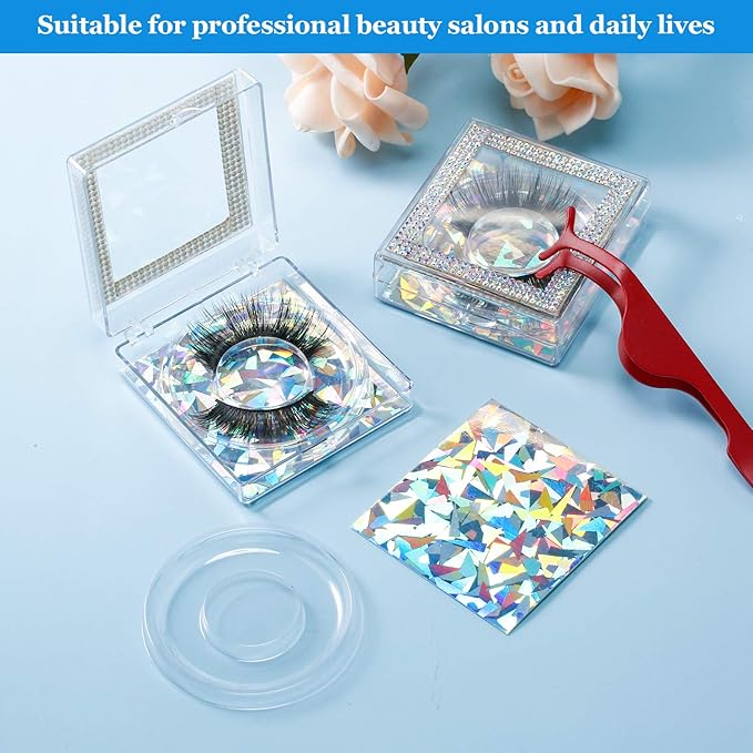 Blulu 8 Pcs 3D Empty eyelash case, Glitter lash cluster box Square Eyelash Storage Boxes with Glitter Paper and Clear Tray for Women(Silver)