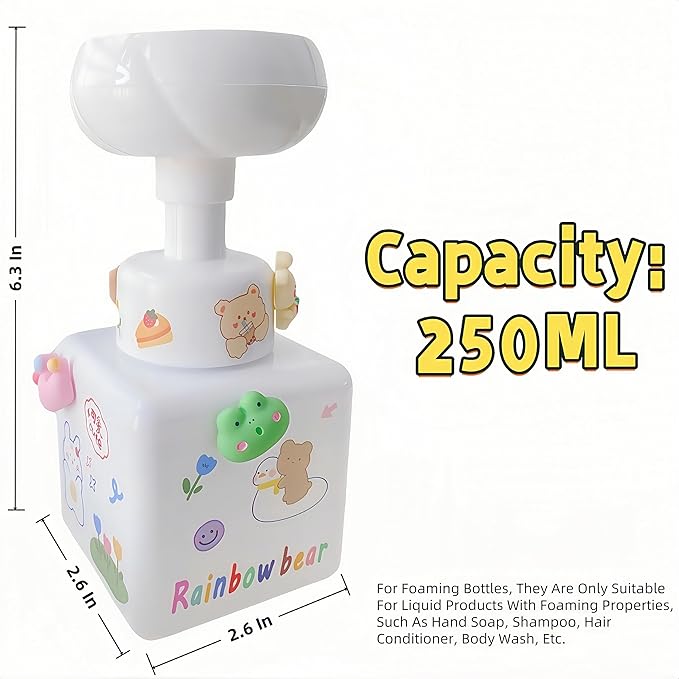 Flower Foam Dispenser Pump Bottle-250ml Reusable Plastic Soap Dispenser for Shampoo, Hand Soap&Bath, Includes Cute Stickers, Perfect for Kids Bathroom Or Kitchen (White)