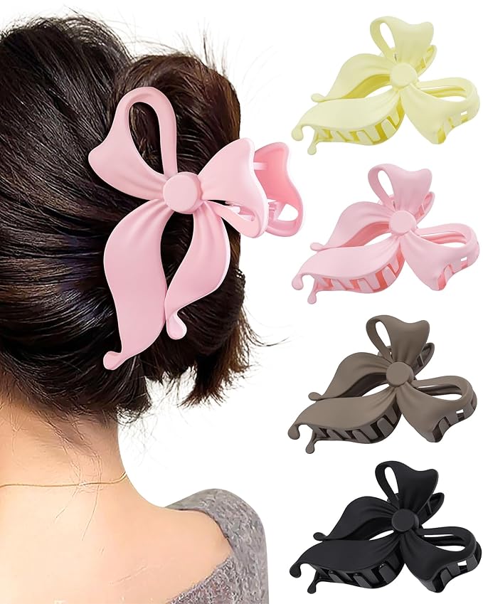 Mesovor 4 Pack Cute Bow Claw Clip for Women, Nonslip Large Matte Strong Hold Bows Hair Clips for Thin and Thick Hair | Chic Hair Styling Accessories (4.1" Black, Brown, Beige, Pink)