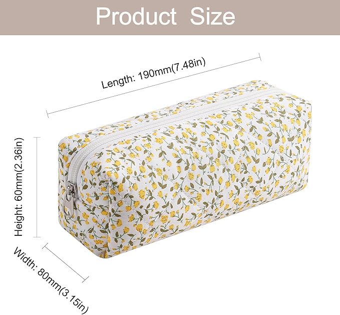 Cute Floral Makeup Brush Bag Small Cotton Quilted Cosmetic Bag for Women Travel Toiletry Zipper Make Up Pouch (Yellow Floral)