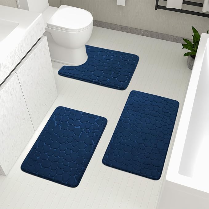 YIHOUSE Bathroom Rugs Mat Set 3 Piece Dark Blue, Memory Foam Bath Mats Sets, Non Slip Water Absorbent Washable Bath Rugs for Sink, Toilet and Floor