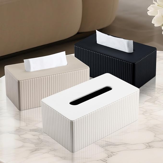 KINGFOM PU Leather Tissue Box Cover Rectangular Tissue Box Holder with Magnetic Bottom, Napkin & Facial Tissue Holder Dispenser for Home, Office for Standard 120-count/160-count (2-Ply) White Stripe