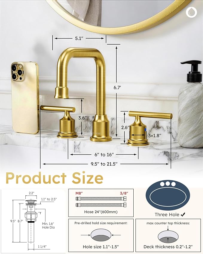 WOWOW Brushed Gold Bathroom Faucet Widespread Bathroom Sink Faucet 2 Handle Lavatory Tap 3 Holes with Drain and Supply Hoses Mordern Basin Taps