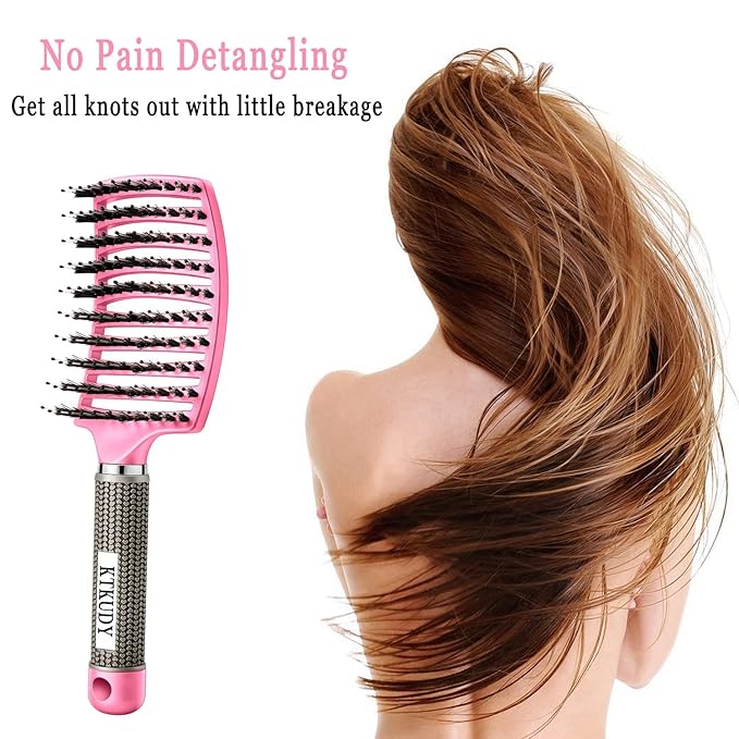 KTKUDY Detangling Hair Brush - Boar Bristle & Tangle-Free Design for Kids, Women, and Men - Perfect for Wet and Dry Hair - Smooth, Magical Pain-Free Styling (Pink)