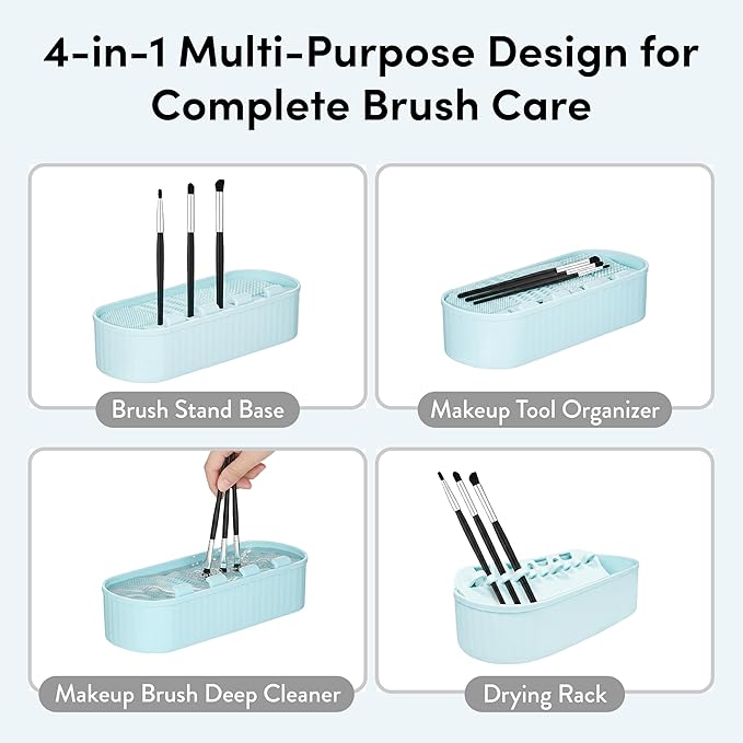 ÉCLAT Makeup Brush Cleaner Mat, 3 in 1 Brush Cleaner Bowl Holder & Cosmetic Tool Organizer Case for Travel, Storage & Air Drying, Portable Make Up Cleaning Tool for Sponges & Powder Puffs (Blue)