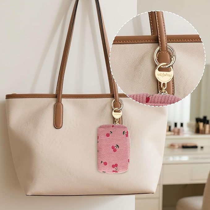 Mini Makeup Bag, Corduroy Small Cosmetic Bag for Purse with Ring Buckle, Cherry Travel Makeup Pouch for Lipsticks, Chapsticks, Coin, Earphone, Credit Card (Beige)