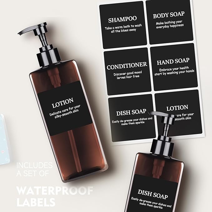 Amber Refillable Plastic Pump Bottle Set, 500ML - Waterproof Labels, Shampoo and Conditioner Dispenser for Shower (Set of 3)