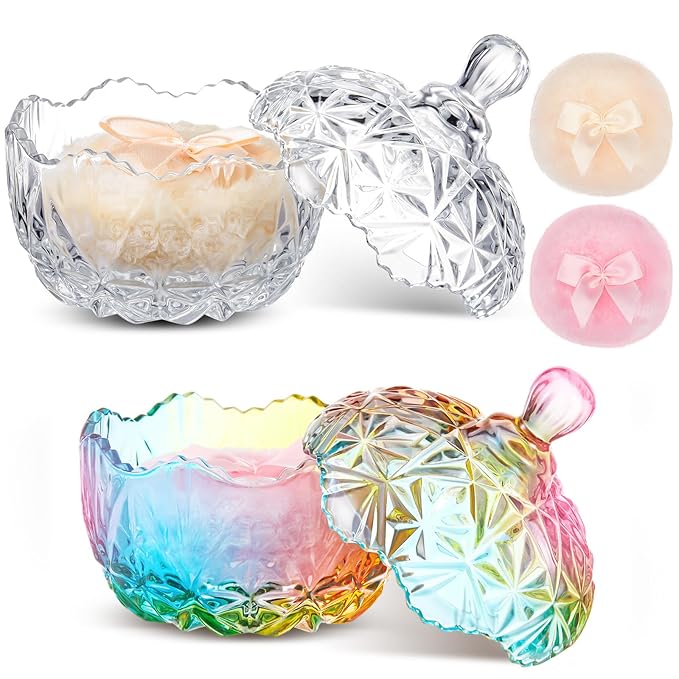 Tioncy 4 Pcs Large Body Powder Puff and Container Extra Large Body Powder Puff Dish Soft Washable Reusable Fluffy Makeup Sponge Wet Dry(Diamond,Colorful and Clear)