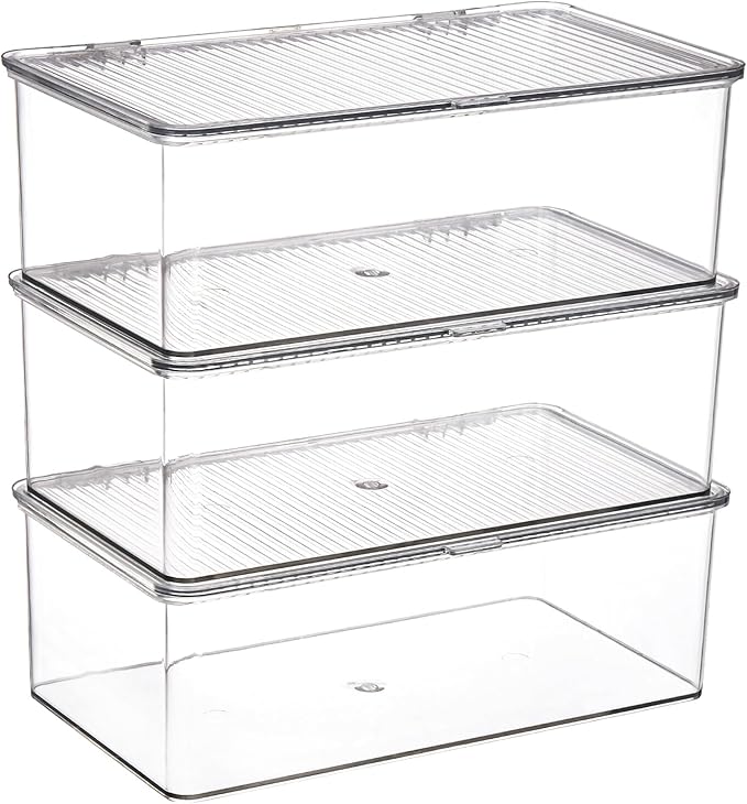 ZENFUN Set of 3 Small Stackable Storage Bins with Hinged Lid, Acrylic Organizer Box, Clear Makeup Organizer Box, Cosmetic Case for Home, Office