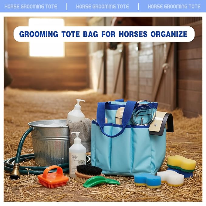 Abbylike Grooming Tote Bag for Horses and Dogs Organize Tack Tools Equestrian Grooming Kit Care Portable with Multiple Pockets for Supplies(Vintage,15 x 12 x 5.5 Inches,Blue)