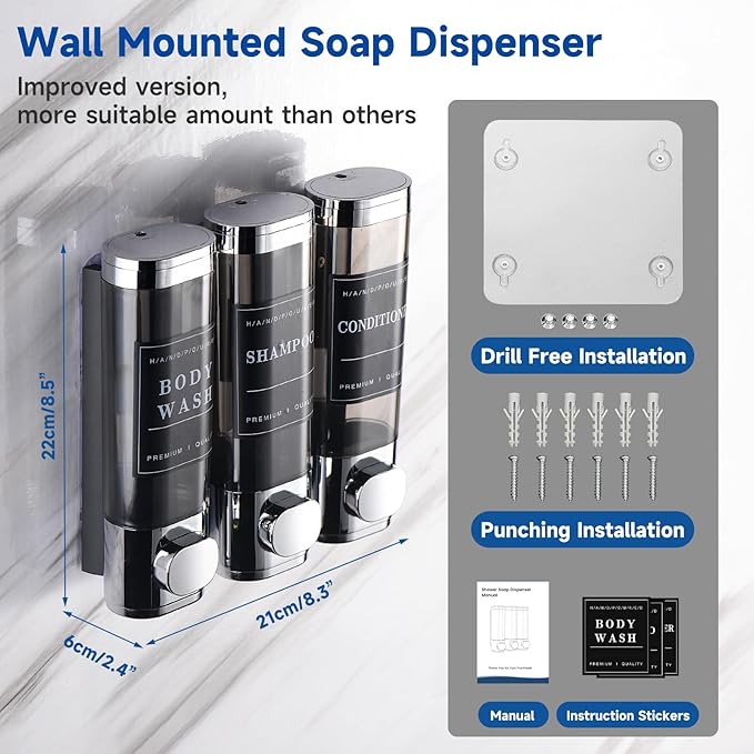 Shower Soap Dispenser Wall Mounted No Drill Shampoo Dispenser for Shower Wall Shampoo and Conditioner Dispenser Bathroom Hotel 3 * 300ml Chrome 1
