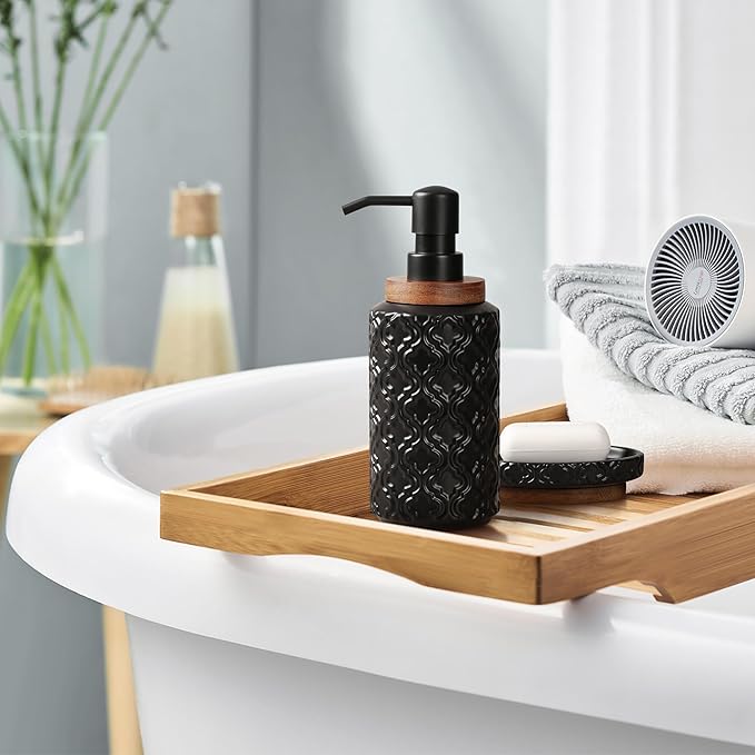Elegant Bathroom Accessories Set 6 PCS Ceramic and Wood Bathroom Accessory Set Soap Dispenser Toothbrush Holder Tumbler Soap Dish Tray Trash Can Easy to Clean Quatrefoil Pattern Black