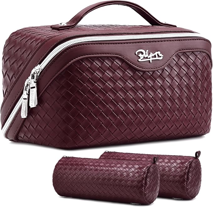 BOYATU Travel Makeup Bag Cosmetic Bags for Women: Large Capacity 3 Pcs Set Make up Bag with Compartments - Waterproof Vegan Leather Toiletry Organizer Bags with Handle (L14 Wine red)