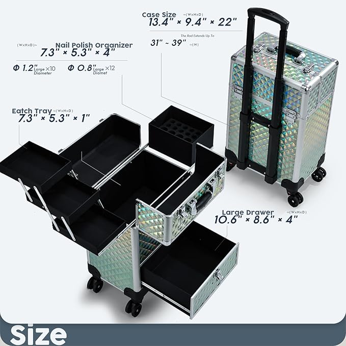 Hododou Blue Rolling Makeup Case with Drawer Travel Trolley Cosmetology Case on Wheel Makeup Storage Salon Barber Case Traveling Cart Trunk for Cosmetologist Nail Tech Hairstylist