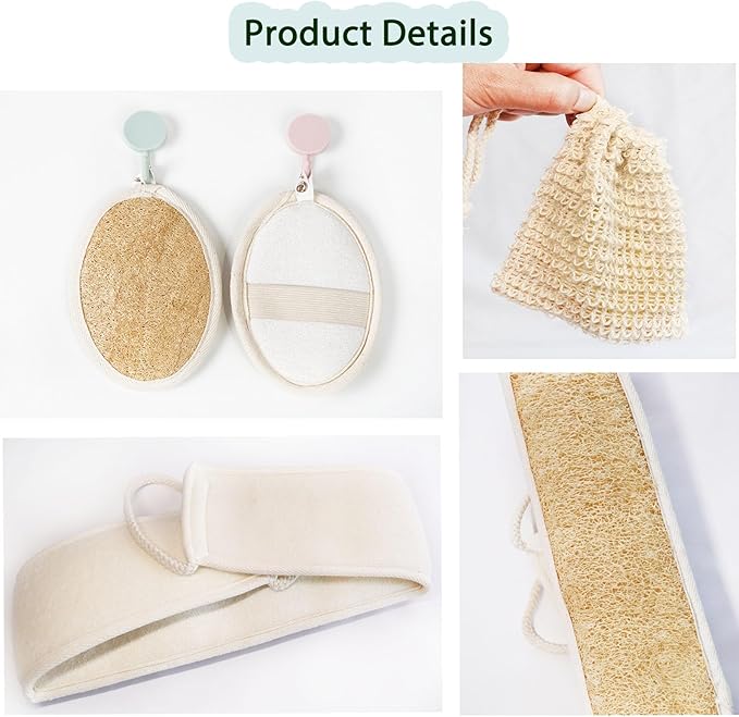 Natural Loofah Sponge Set with Soap Bag, Body Exfoliating Loofah Bath Scrubber for Shower, Shower Loofah for Women and Men, 3-pcs