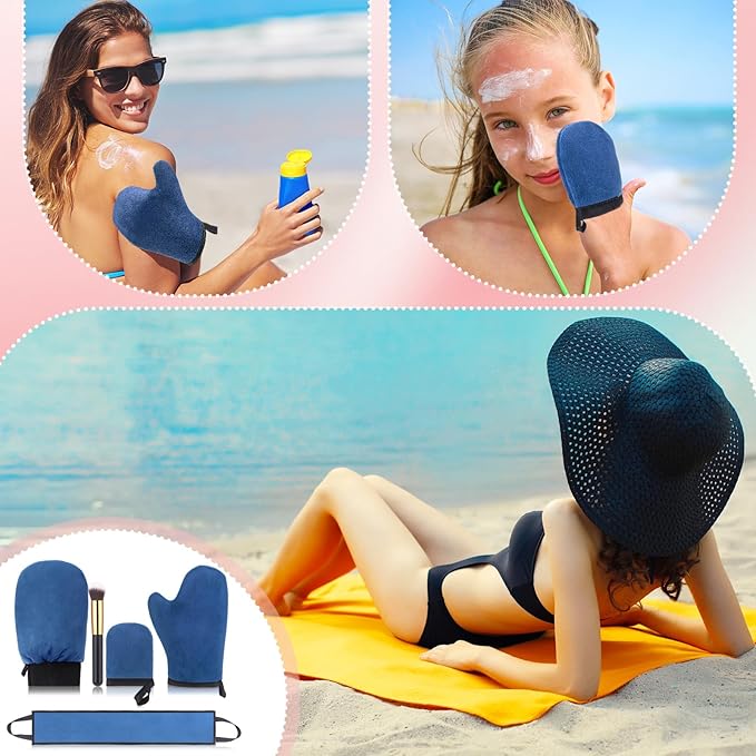 Boao 5 Pieces Self Tanning Mitt Applicator Kit, Includes Tanning Mitt, Exfoliating Glove, Mini Face Glove, Back Lotion Applicator, and Large Brush Makeup (Navy Blue)