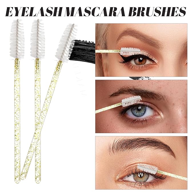 300 PCS Eyelash Extension Supplies Kit, Disposable Micro Applicator Brush, Eyebrow Lash Spoolie, Lip Brush, Mascara Wand Applicator (Crystal gold handle white kits)