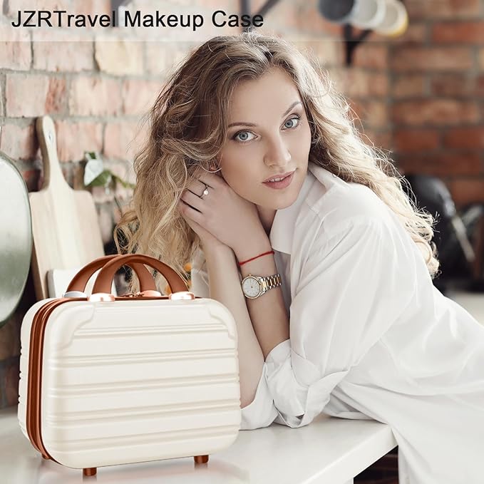 14 inch Hard Shell Makeup Train Case Portable PC ABS Mini Suitcase for Organizer Cosmetics Makeup Brushes Toiletry Beige