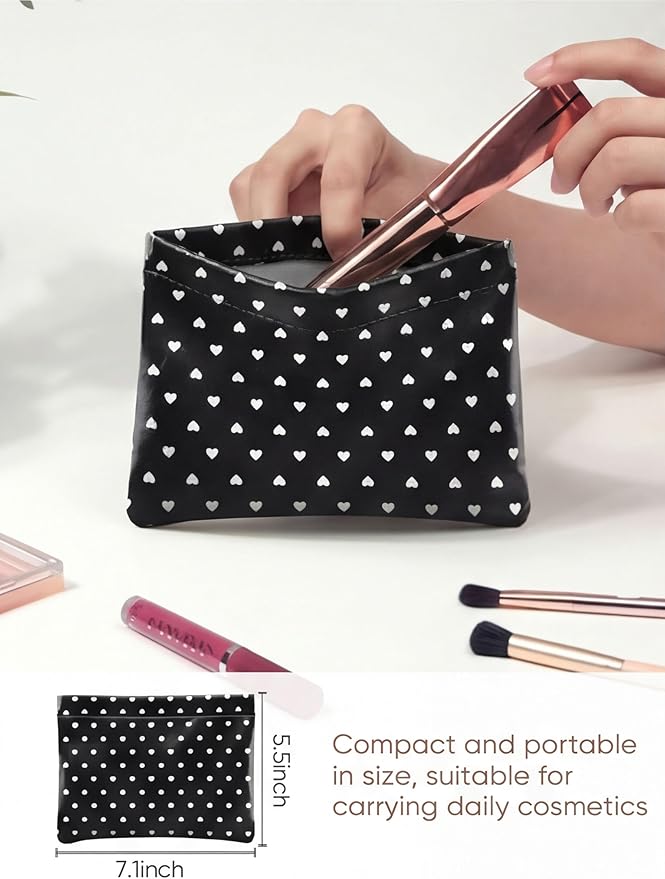 Dots Leather Makeup Pouch Set for Women Small Make Up Bag for Purse Waterproof Initial Makeup Cosmetic Bags Pouches for Purse Aesthetic Travel Toiletry Bag,Heart Black