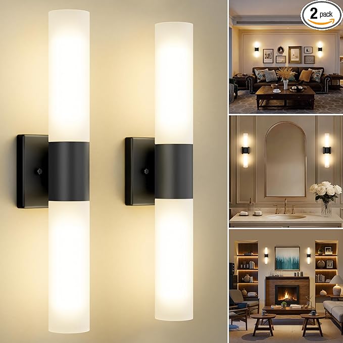 Kalium Bathroom Wall Sconces Set of Two, 21 Inch Modern Vanity Lights with Frosted Glass Shade, Bathrooms Vanity Lighting Fixtures for Mirror Bedroom Living Room Hallway (Black)