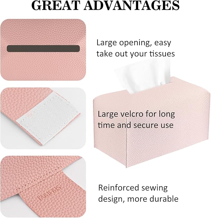 Tissue Box Cover PU Leather Tissue Holder Rectangle Facial Tissue Case Tissue Box Organizer Dispenser for Bathroom, Kitchen, Home, Office, Tabletop (SoftPink, Short)